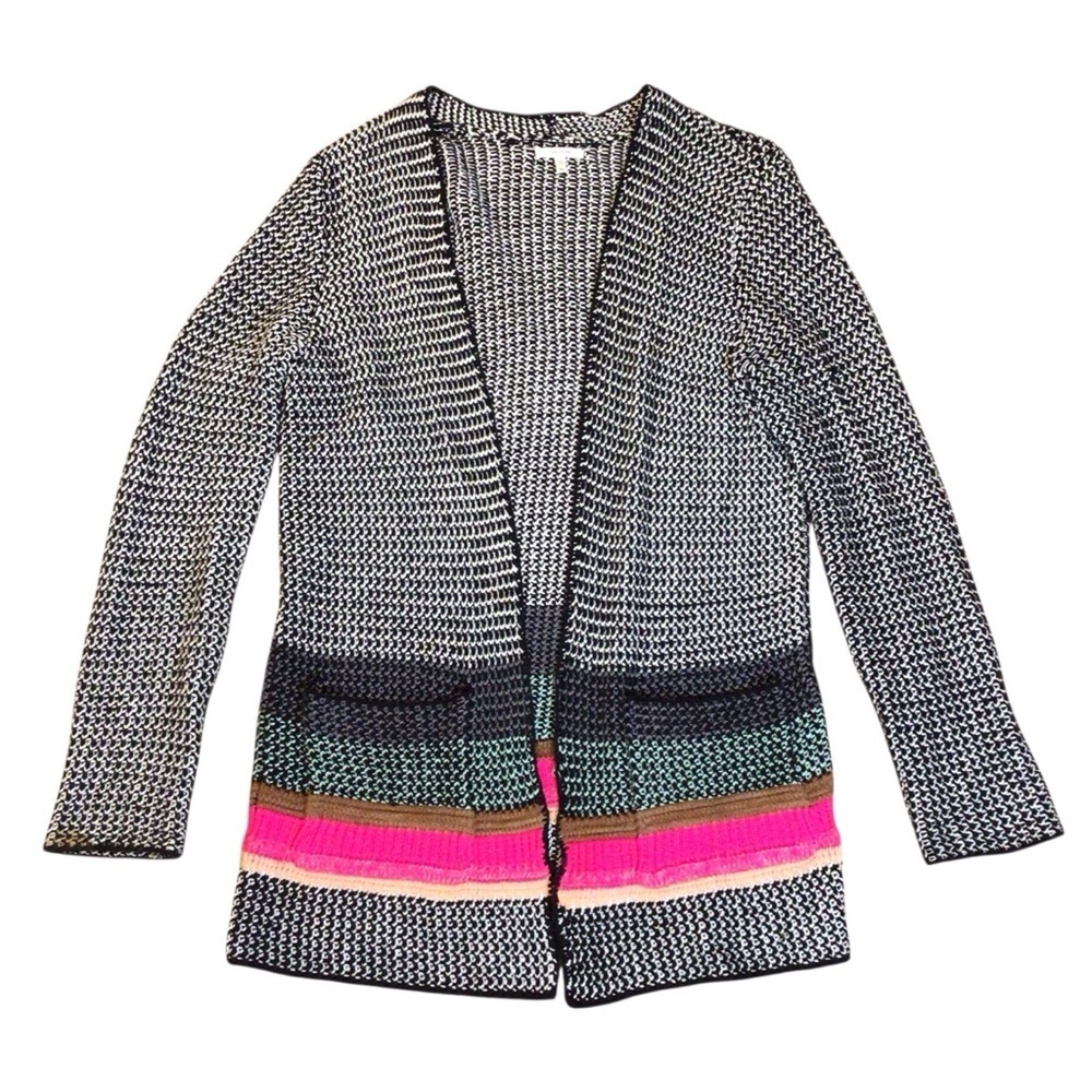 Maurices Open Front Knit Cardigan Women’s M Black White Stripe Neon Accent